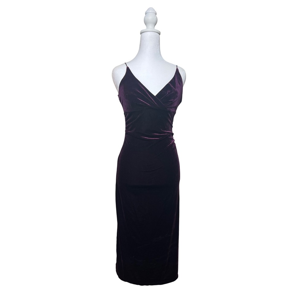 VTG Y2K Purple Velvet Ruched V Neck Spaghetti Strap Slip Midi Dress Hoco Prom